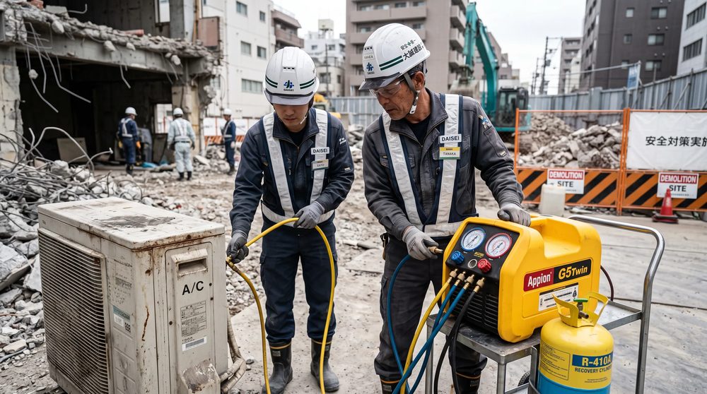 解体現場で撤去前の室外機からフロンガスを回収している作業員