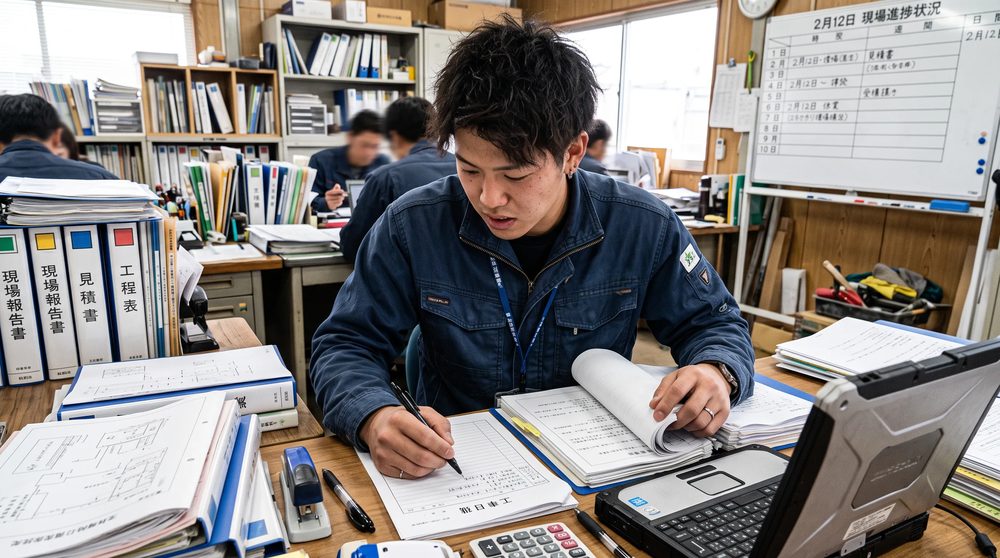 事務所の机で点検記録の書類を作成している作業員