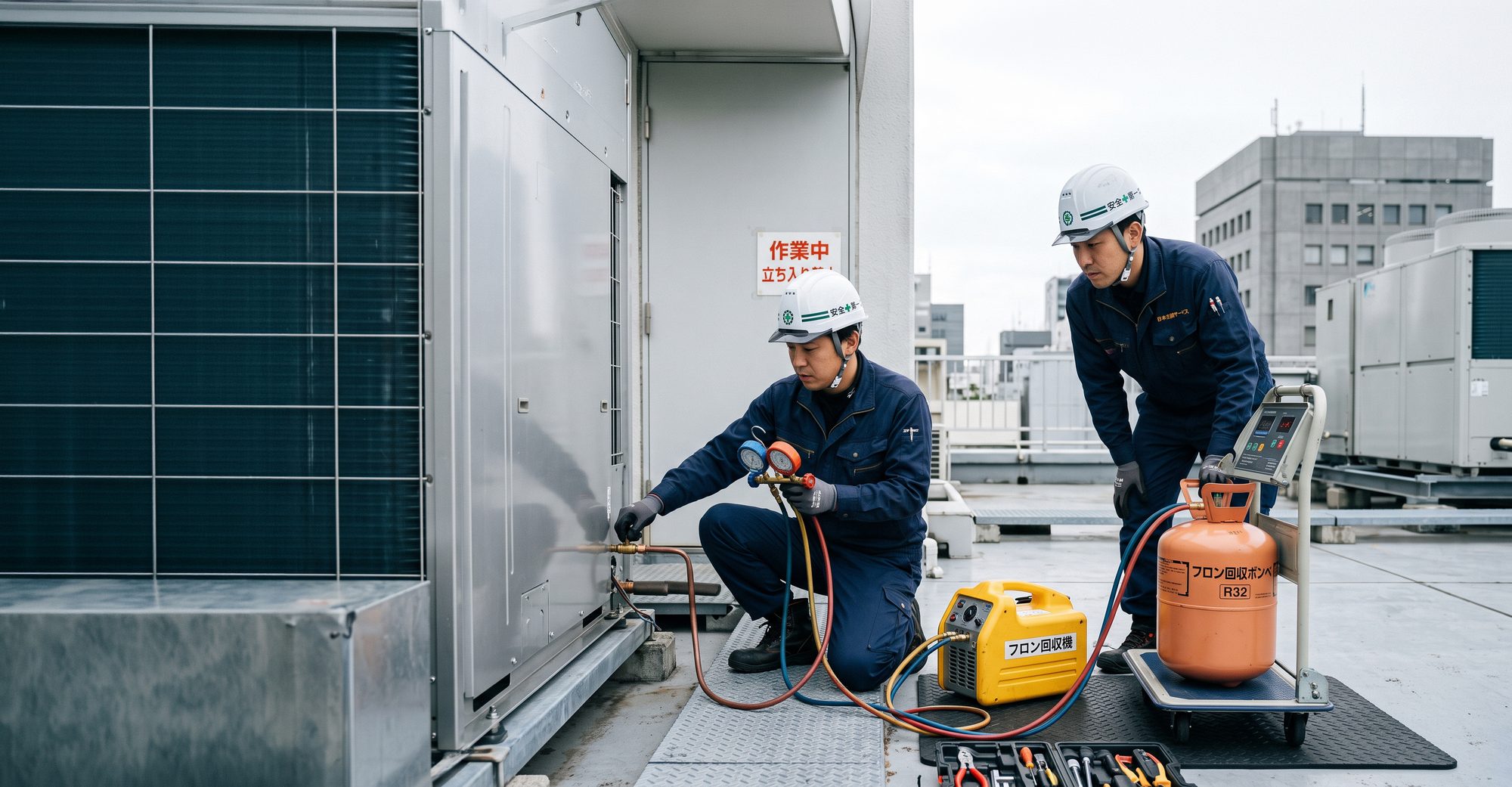 ヘルメットを着用した作業員2名が、屋上の室外機に回収機とボンベをつないでフロンガスを回収している様子