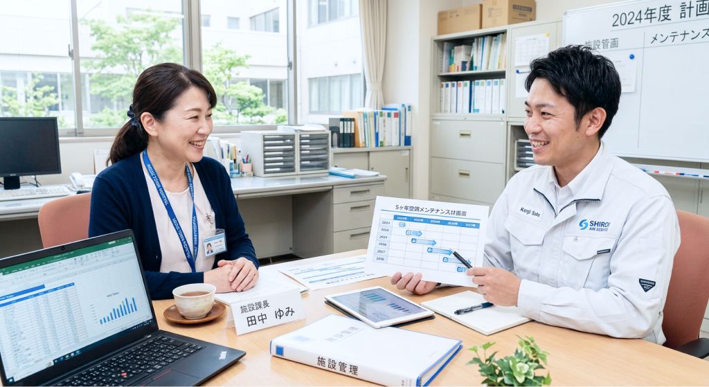 施設の担当者へ5カ年の空調メンテナンス計画を説明する様子